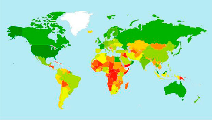 Скриншот отчета по глобальной кибербезопасности показывает степень ответственности стран: от зеленого (самой высокой) до красной (самой низкой).