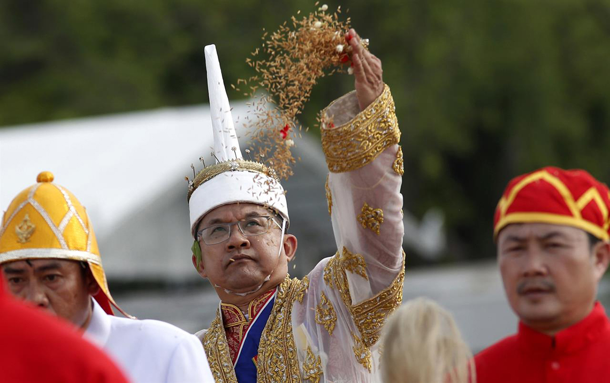 Мастер Церемонии королевской вспашки г-н Терапат Прайурасиддхи бросает зерна риса в землю в Санам Луанге 12 мая 2017 года. Фото АР Сакчай Лалит