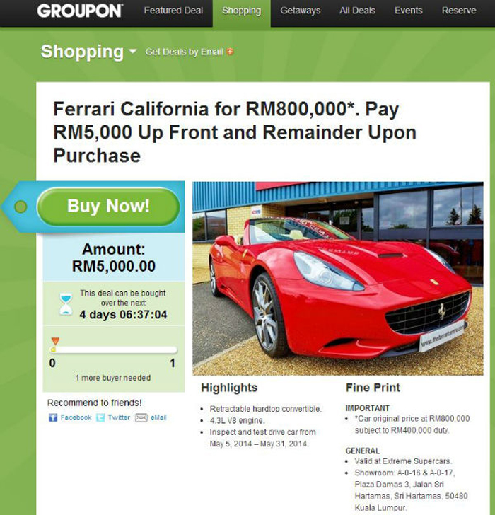Groupon Malaysia выставил на продажу Феррари