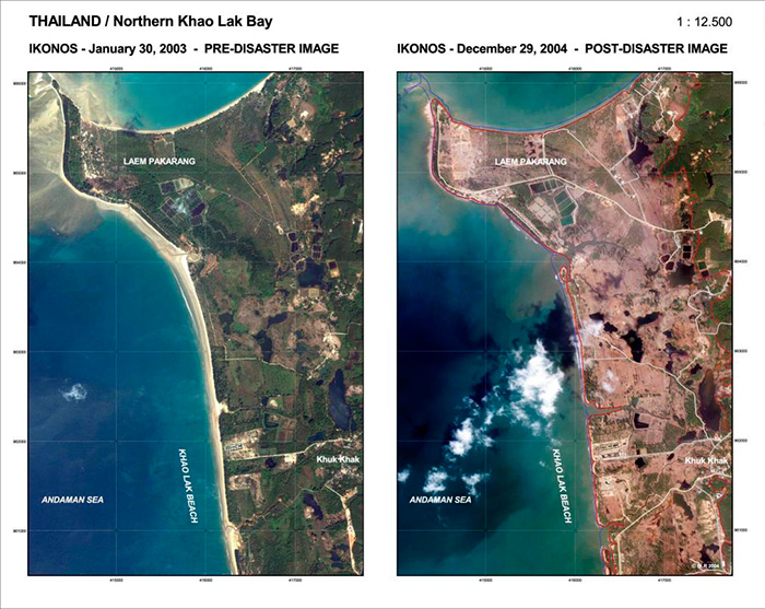 Съёмка со спутника Кхао Лак до и после цунами. 29 декабря 2004 года волной опустошено всё побережье