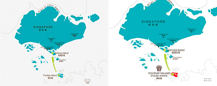 Скриншоты онлайн карты до и после. Правильный вариант - острова, отмеченные красным цветом.